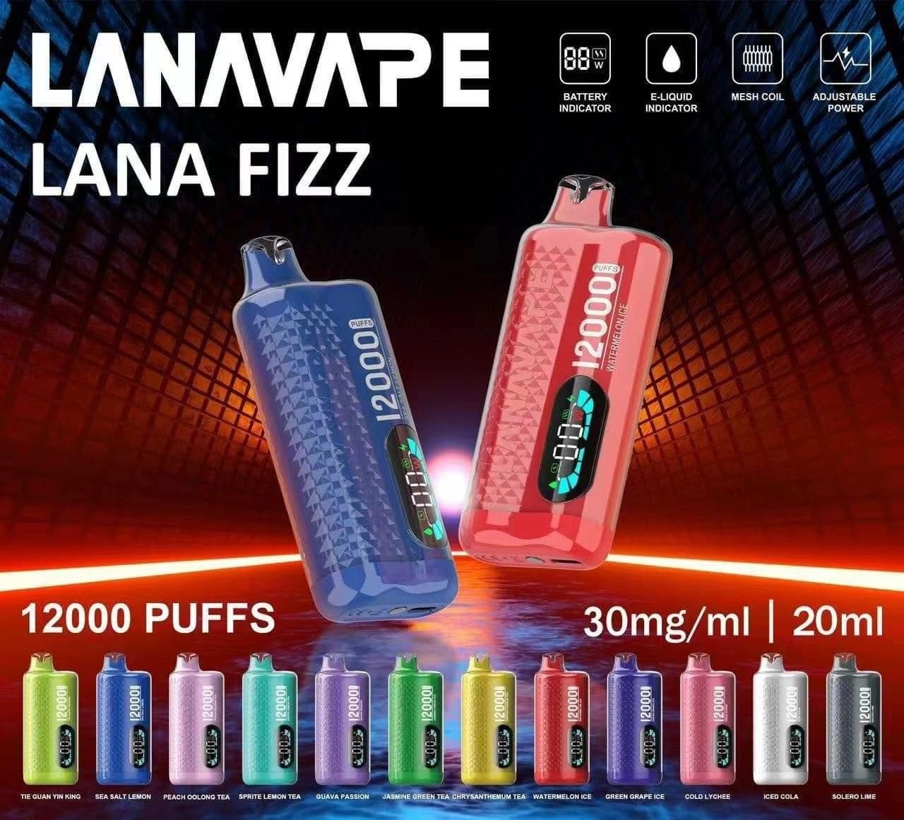 Lana Fizz 12000 Puffs disposable vape device with vibrant cartoon graphics and Type-C charging port