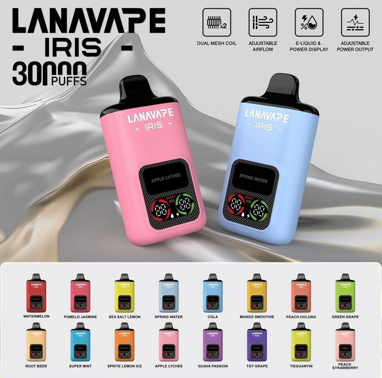 Lana Iris 30000 Puffs disposable vape device with smart LED display screen for Singapore delivery.