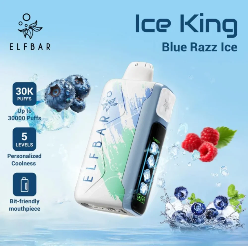 Elfbar Ice King 30000 disposable vape device showcasing the smart digital screen and flavor design