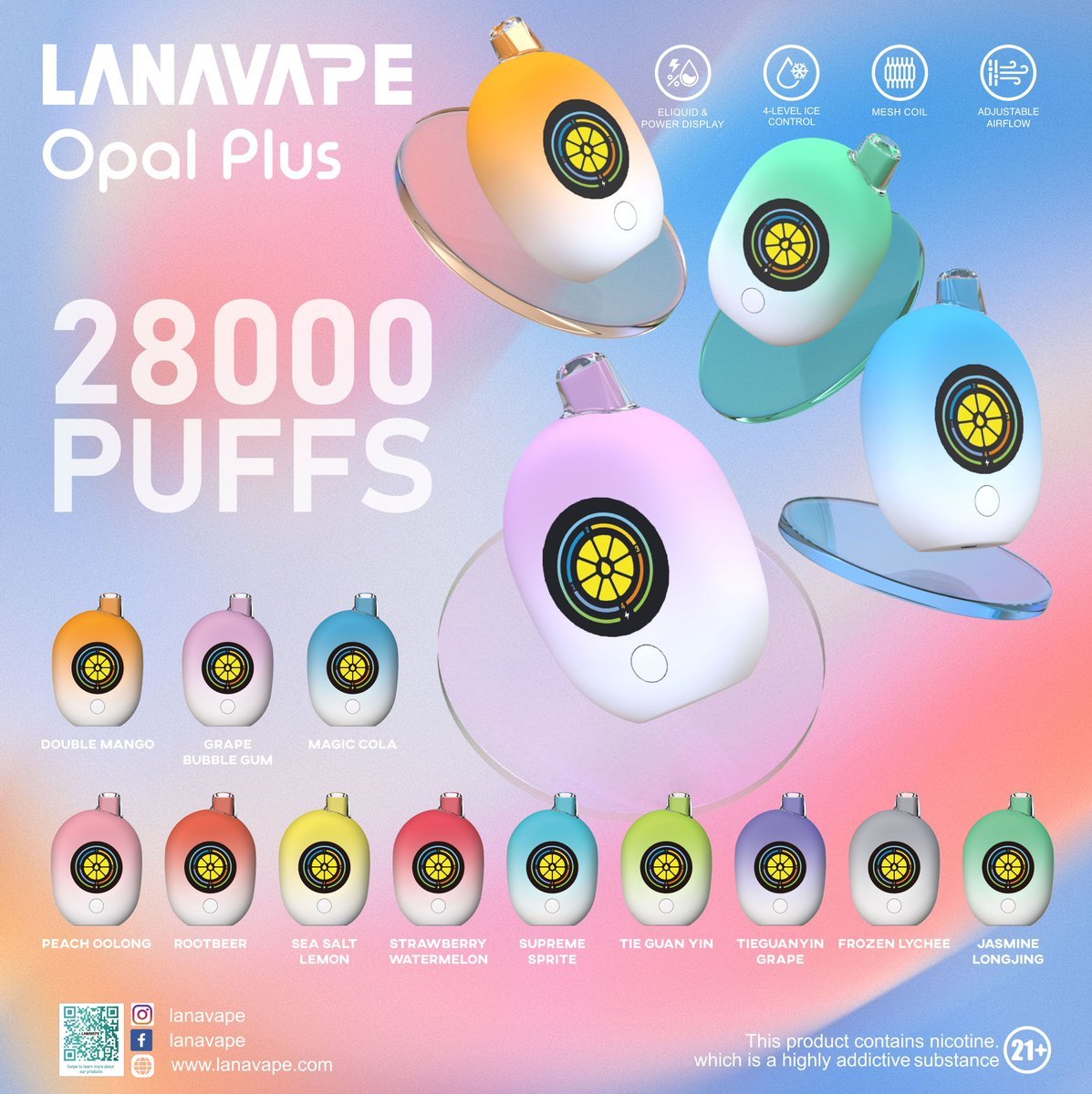 Lana Opal 28000 Puffs disposable vape with smart LED screen display showing flavor and battery indicator