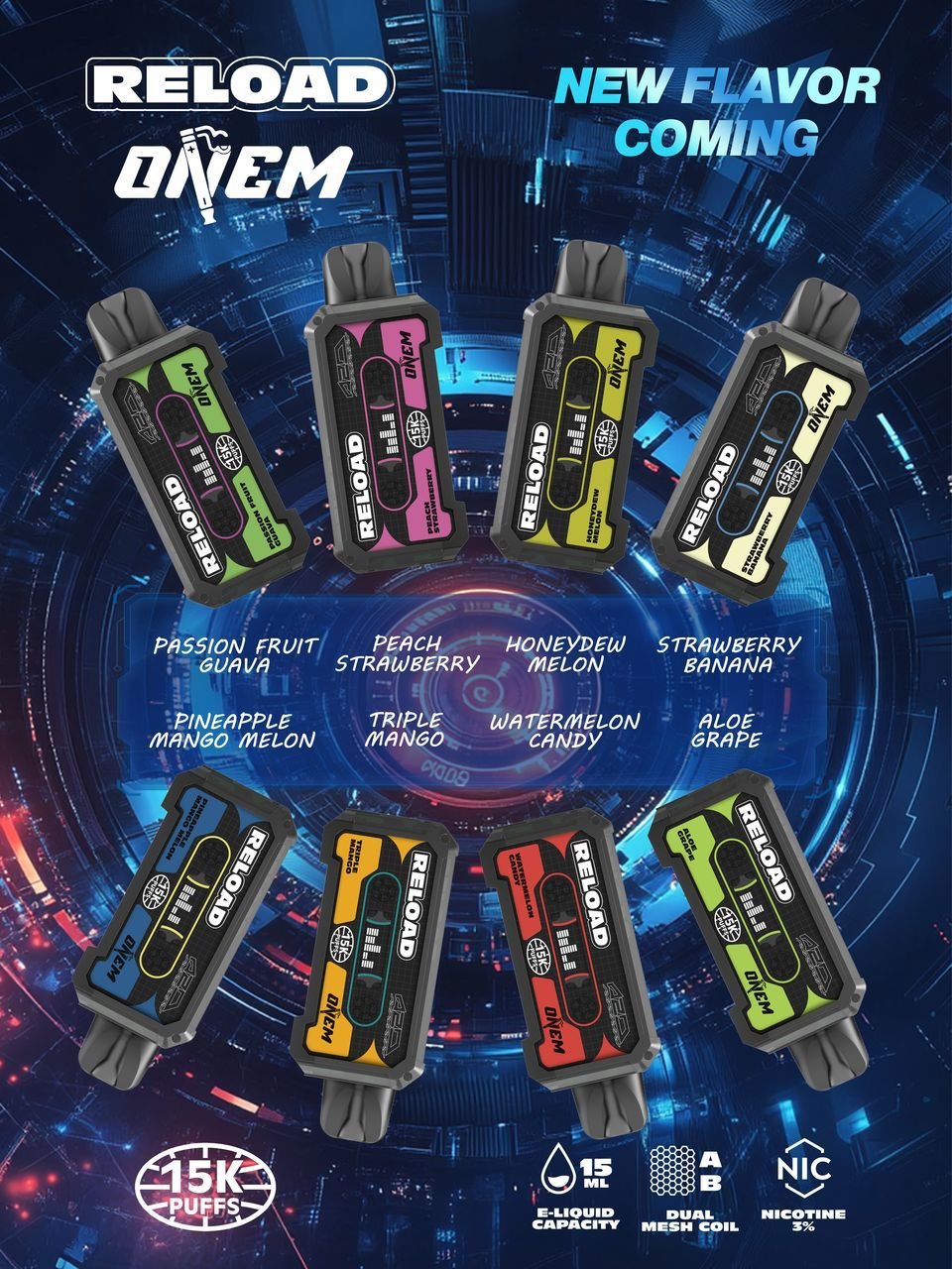 Onem Reload 15000 Puffs Cartridge Pod showing multiple flavor selections and dual mesh coil design