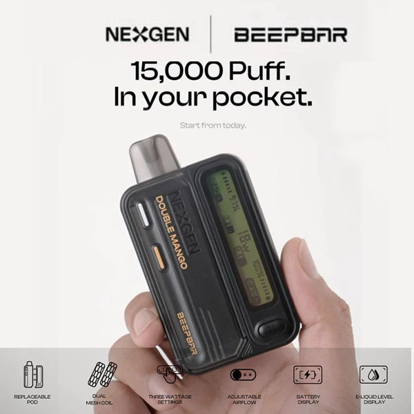 Nexgen Beepbar 15000 Disposable Vape device featuring full LED smart display screen