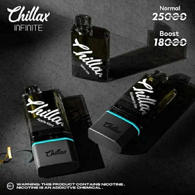 Chillax Infinite 25000 Puffs disposable vape pod kit in a sleek ultra thin profile showing the clear e juice window