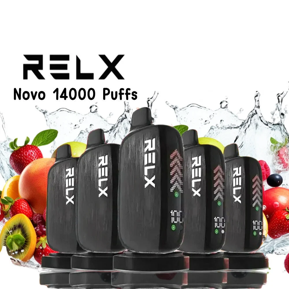 RELX Novo 14000 Puffs disposable vape device with full LED screen display showing battery and e-liquid levels