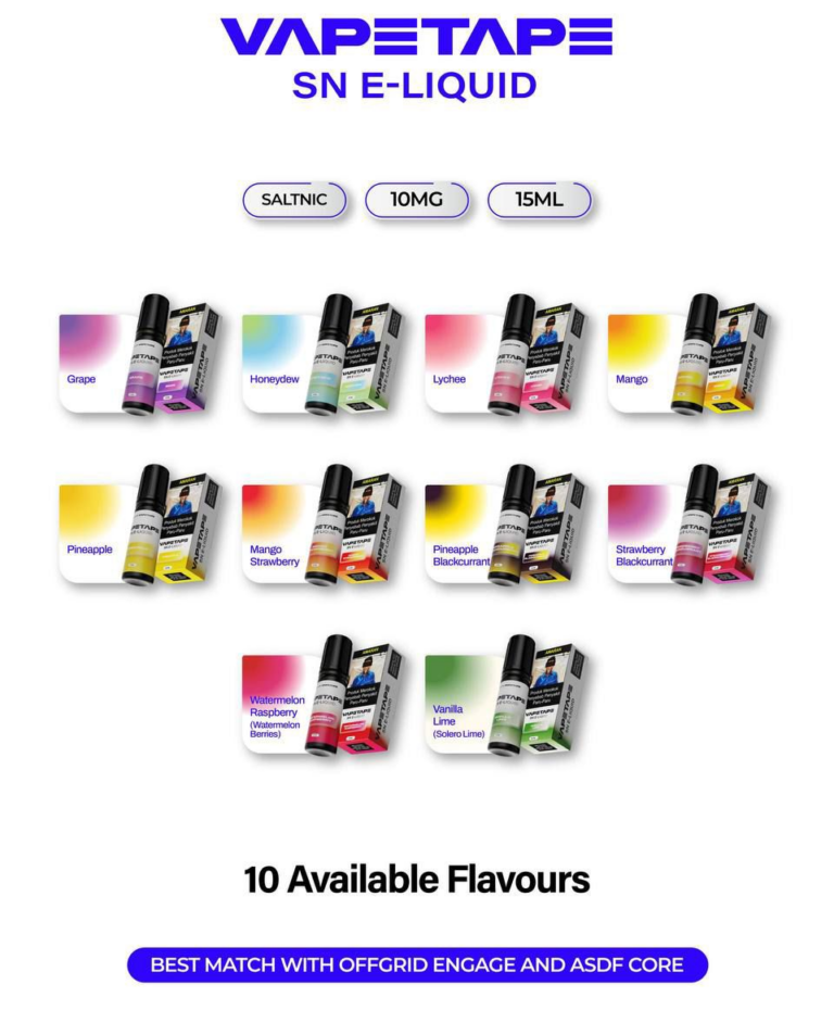 Vapetape Saltnic E-Liquid 15ml bottles by ASDF showing the full flavor selection